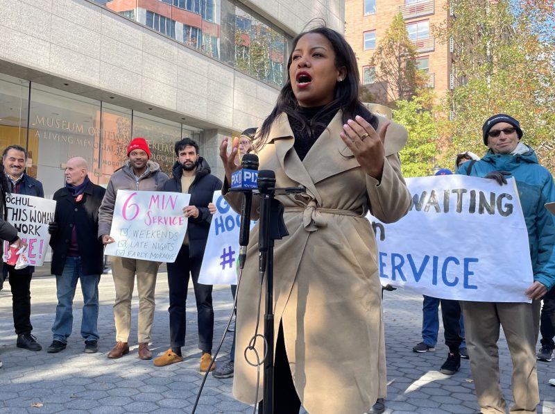 Assembly Member Amanda Septimo at Thursday's transit funding rally. Photo: Dave Colon