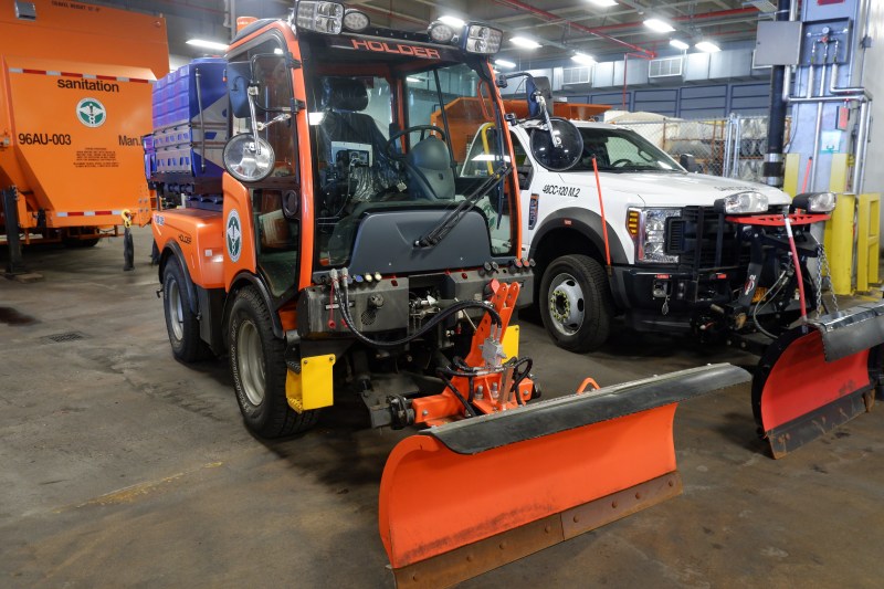 A bike lane snow plow at DSNY's Spring Street garage. Photo: Kevin Duggan