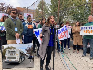 Assembly Member Jessica Gonzalez-Rojas led the charge for more dedicated lanes for buses (unlike the inset). Photos: Julianne Cuba