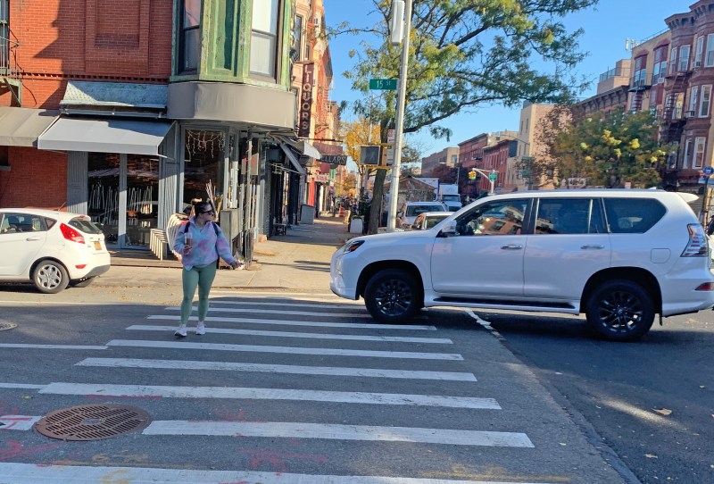 Hours after the crash, another pedestrian in a crosswalk was nearly hit at the same intersection. Photo: Gersh Kuntzman