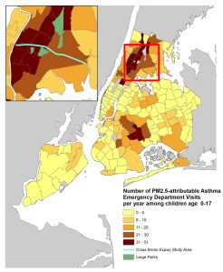 A map of air pollution-driven asthma emergency department visits for children under age 18. Graphic: New York City Department of Health and Mental Hygiene