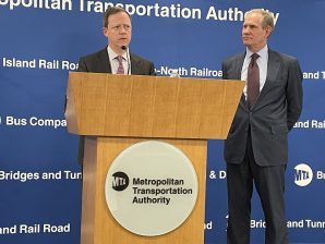 New York City Transit President Richard Davey (at podium) and MTA Chairman and CEO Janno Lieber on Wednesday. Photo: Dave Colon