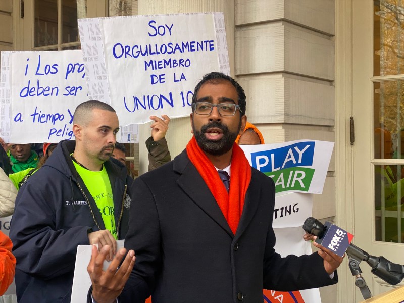 Council Member Shekar Krishnan rallies on Dec. 6, 2022 for a set of bills to improve Parks projects.