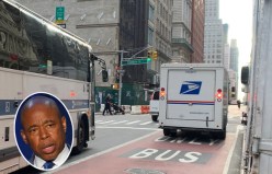 Bus lanes are very often blocked, which is why bus speeds are so slow. File photo: Gersh Kuntzman