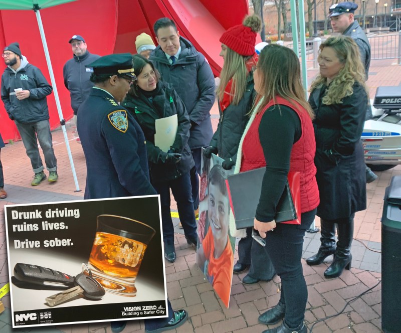 NYPD Transportation Bureau Chief Kim Royster (left) met with the family of Andrew McMorris, who was killed by a drunk driver in 2018, at a press conference about reducing drunk driving (inset). Photos: Gersh Kuntzman