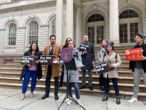 City Council Member Tiffany Cabán (at podium), with Council Members Amanda Farías and Christopher Marte, asking what's the deal with mass transit funding. Photo: Dave Colon