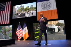 Mayor Adams at his state of the city address on Thursday. Photo: Michael Appleton/Mayoral Photography Office (with additions made by the Streetsblog Photoshop Desk)