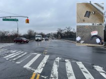 The scene of the crash with insets of scooter debris and medical material. Photos: Henry Beers Shenk