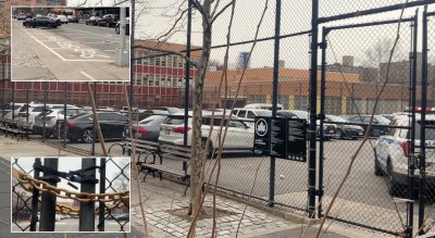 The scene on Sunday in Classon Playground as cops filled the play area with their cars — and secured it with a chain (inset bottom left) while leaving their designated parking area (top left) empty. Photos: Gersh Kuntzman
