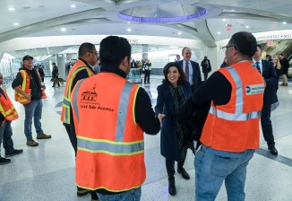 Gov. Hochul greeted MTA workers at Grand Central Madison on opening day. Photo: Marc A. Hermann / MTA