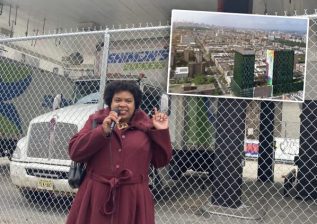 Manhattan Council Member Kristin Richardson Jordan at a rally to stop the truck depot last month at the site where a developer wanted to build two towers (inset). Photo: Julianne Cuba