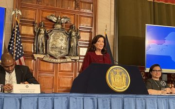 Gov. Hochul earlier this year talking up her proposed FY2024 budget, which remains under negotiations. Photo: Dave Colon