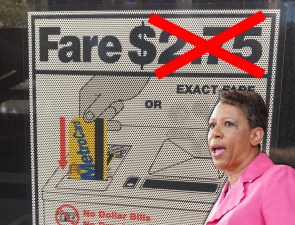 Council Speaker Adrienne Adams called for an expansion of Fair Fares at her State of the City yesterday. But it's not enough. Photo: City Council, with help from the Streetsblog Photoshop Desk