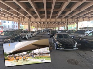 Rendering (inset) vs. reality (main photo) under the Brooklyn-Queens Expressway.