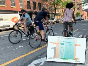 DOT is promising wider bike lanes to make room for more — and faster vehicles. This conceptual design points the way forward. Main image: File art. Inset graphic: NACTO