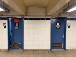 These public restrooms at the Jackson Heights-Roosevelt Avenue subway station complex in Queens reopened in January 2023. Photo: Kevin Duggan