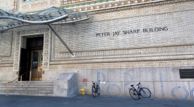 The Brooklyn Academy of Music opposes a bike lane planned for Ashland Place despite the David Byrne-designed bike racks outside its entrance. Photo: Google maps