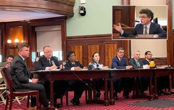 NYPD Chief of Patrol John Chell (second from left) having a bad day at the office, thanks to a grilling from Council Member Lincoln Restler (inset). Photo: Dave Colon