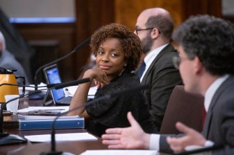 Transportation Chair Selvena Brooks-Powers, center, has been skeptical of several bills from Council Member Lincoln Restler. Photo: John McCarten/NYC Council Media Unit