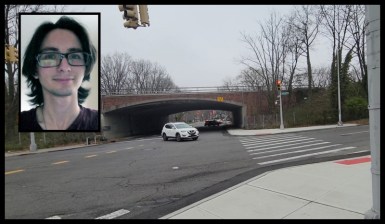 The intersection of Homelawn Street and Grand Central Parkway Service Road where Daniel Zuzworsky (inset) was killed in January. Photo: Steve Vaccaro