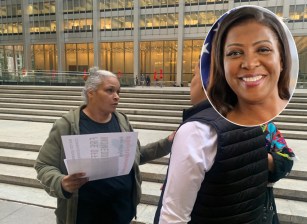 Ronald Smith's sister Julie Floyd in front of Attorney General Letitia James's office on Monday. James (inset) declined to prosecute the cops who killed Smith last year. Photo: Gersh Kuntzman