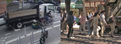 It just takes a second for a cyclist to be killed. Left, Adam Uster on Franklin Avenue last week. Right, Broadway at 231st Street, where our writer had a close call. Photo: Maneka Kapoor