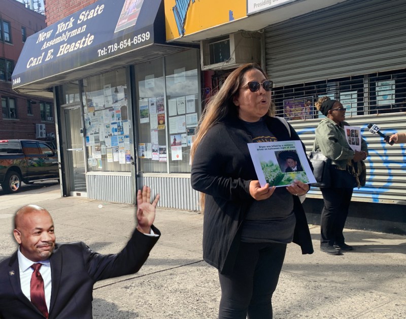 Fabiola Mendieta-Cuapio protested in front of Carl Heastie's office. (The Speaker was not there, but he is in the inset.) Photo: Gersh Kuntzman