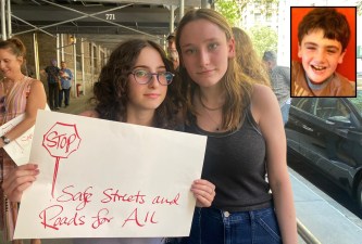 "We weren’t even double digits, we were in third grade," said Zoe Litt (left), standing with Nathalie Christman, who were both friends of Cooper Stock (inset), who was killed by a driver in 2014. Photo: Kevin Duggan
